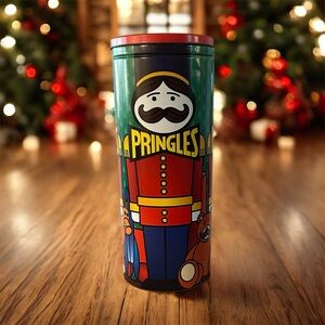 Pringles nutcracker Decorative Tin with Soldiers, rocking horse, teddy bear 16”